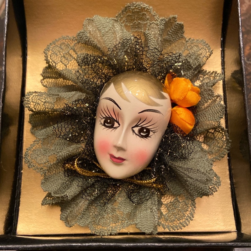 Vintage Face Brooch Lace and Tulle with Orange Accent Flowers Flapper Girl